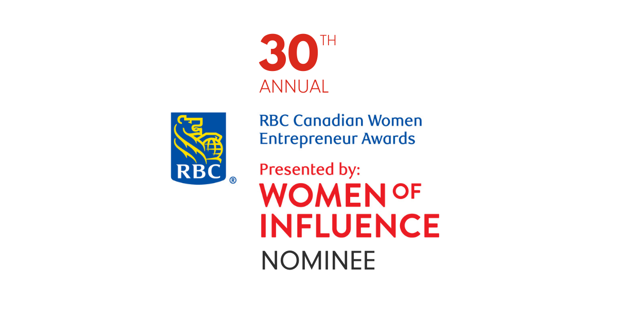 White background with lettering reading 30th annual RBC Canadian Women Entrepreneur Awards presented by Women of Influence Nominee Elizabeth Hesp